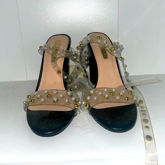 pearl heels Black heels embellished heels clear heels strappy heels - Picture 2 of 8